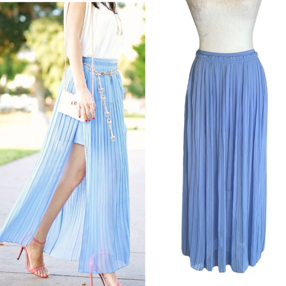 Zara Periwinkle Blue Plisse Pleated A-Line Pleated Maxi Skirt w/ Side Slits - S